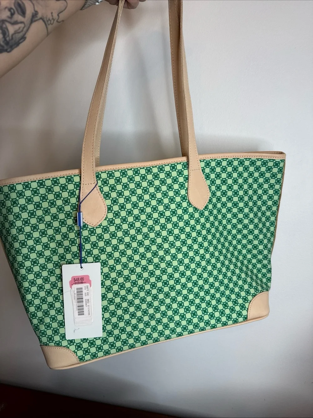 Dominie Green Patterned Tote with Tan Trim and Straps